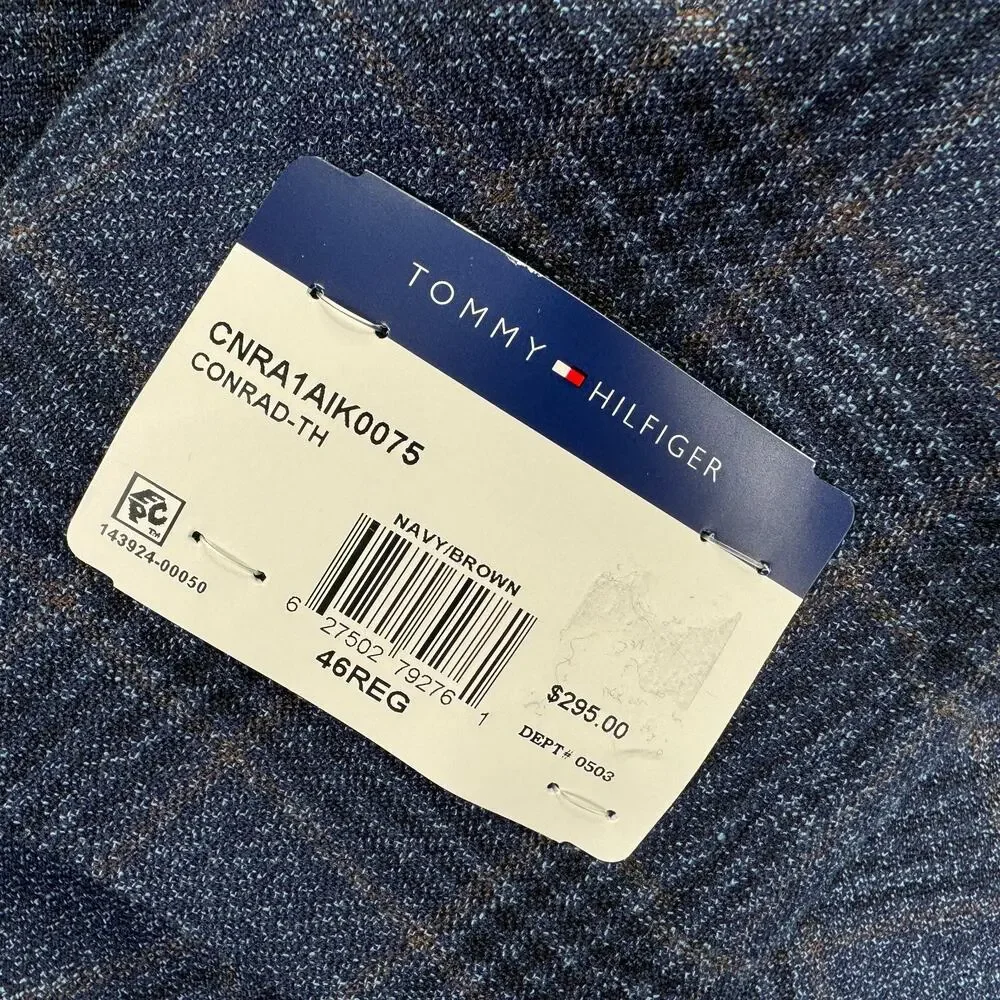Tommy Hilfiger Mens TH Flex Modern Fit Conrad Plaid Sport Coat Navy Brown 46R